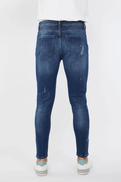 Erkek Skinny Ripped Patch Detaylı Jean Koyu Mavi - 4
