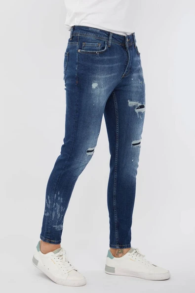 Erkek Skinny Ripped Patch Detaylı Jean Koyu Mavi - 3