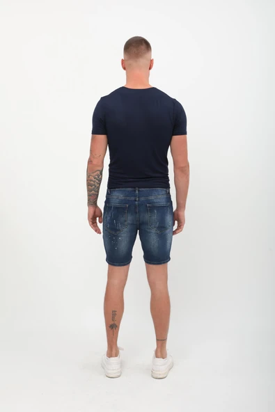 Erkek Yama Detaylı Jean Şort Koyu Mavi - 4