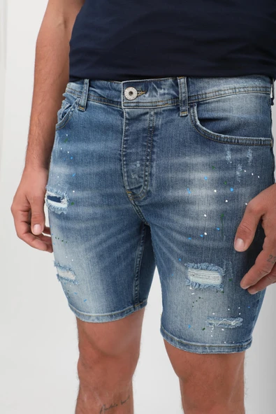 Erkek Boyalı Jean Kısa Şort Mavi - 6