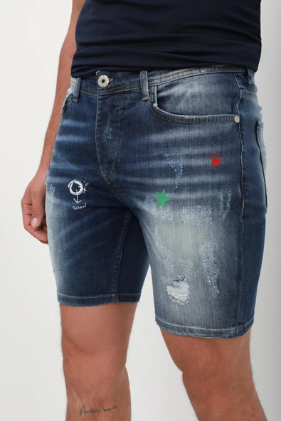 Erkek Baskı Desenli Jean Şort Koyu Mavi - 6