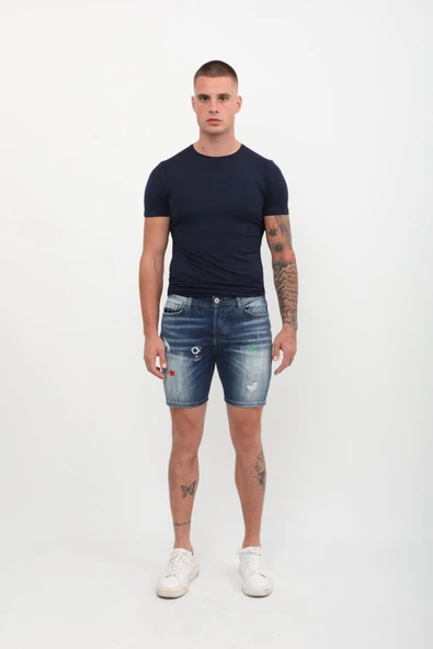 Erkek Baskı Desenli Jean Şort Koyu Mavi - 2