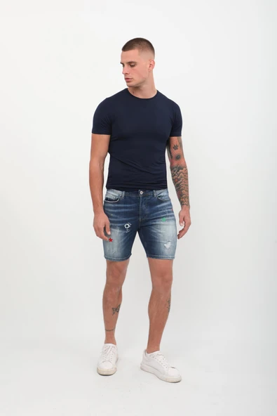 Erkek Baskı Desenli Jean Şort Koyu Mavi - 3