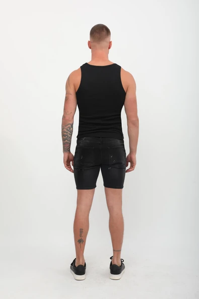 Erkek Yama Detaylı Jean Şort Antrasit - 4