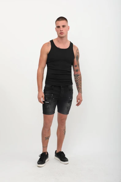 Erkek Yama Detaylı Jean Şort Antrasit - 2