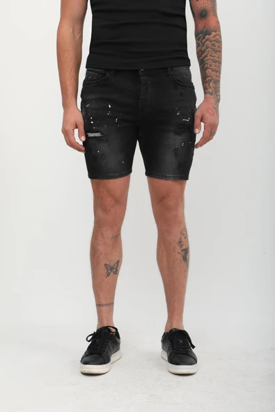 Erkek Yama Detaylı Jean Şort Antrasit - 5