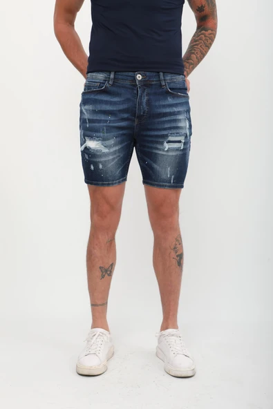 Erkek Yama Detaylı Jean Şort Koyu Mavi - 5
