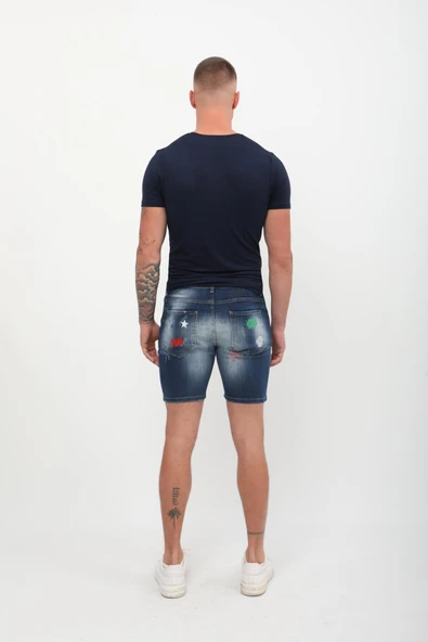 Erkek Baskı Desenli Jean Şort Koyu Mavi - 4