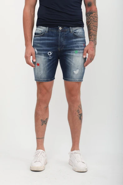 Erkek Baskı Desenli Jean Şort Koyu Mavi - 5