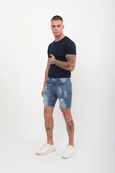 Erkek Boyalı Jean Kısa Şort Mavi - 4