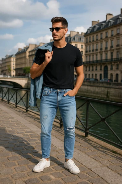 Erkek Yama Detaylı Açık Mavi Jean ürün görseli 1