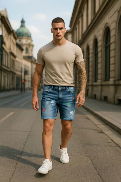 Erkek Baskı Desenli Jean Şort Koyu Mavi