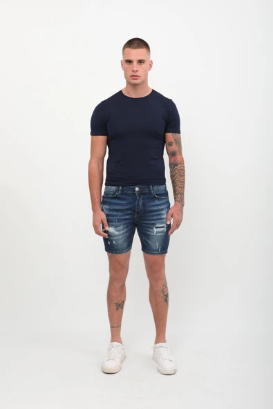Erkek Yama Detaylı Jean Şort Koyu Mavi - 3