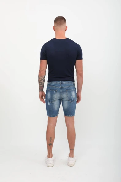 Erkek Boyalı Jean Kısa Şort Mavi - 4