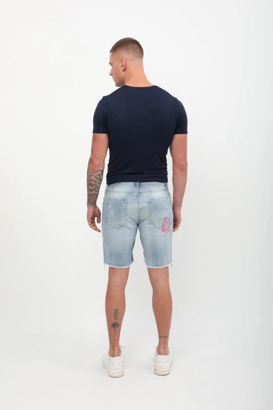 Erkek Paçası Kesik Yırtık Jean Şort Açık Mavi - 4