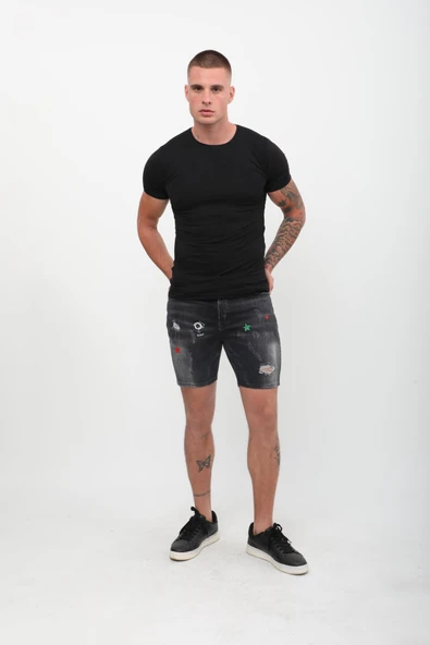 Erkek Baskı Desenlli Jean Şort Antrasit - 2