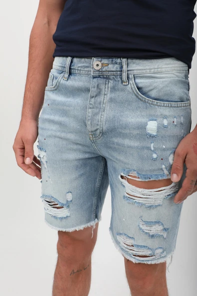 Erkek Paçası Kesik Yırtık Jean Şort Açık Mavi - Resim 6