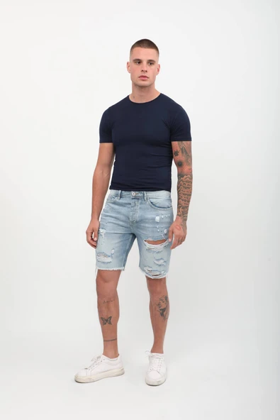 Erkek Paçası Kesik Yırtık Jean Şort Açık Mavi - 3