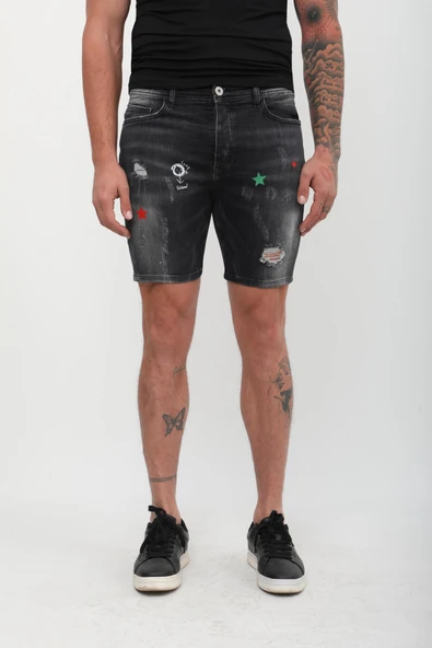 Erkek Baskı Desenlli Jean Şort Antrasit - 4