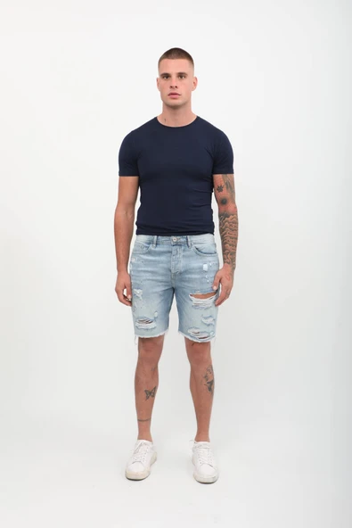 Erkek Paçası Kesik Yırtık Jean Şort Açık Mavi - 2