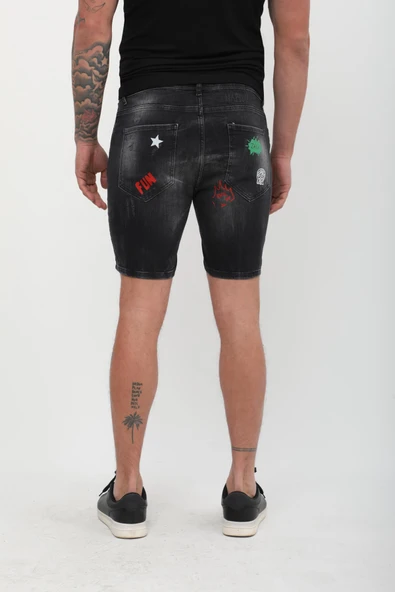 Erkek Baskı Desenlli Jean Şort Antrasit - 5