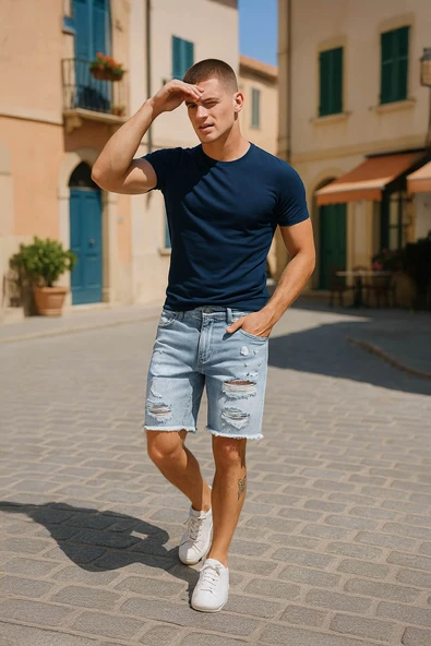 Erkek Paçası Kesik Yırtık Jean Şort Açık Mavi ürün görseli 1