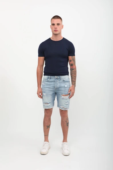 Erkek Paçası Kesik Yırtık Jean Şort Açık Mavi - Resim 2