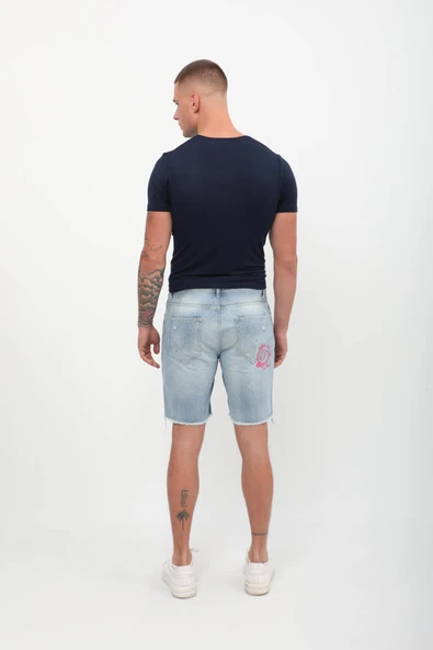 Erkek Paçası Kesik Yırtık Jean Şort Açık Mavi - Resim 4