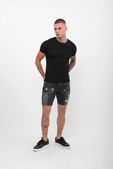 Erkek Baskı Desenlli Jean Şort Antrasit