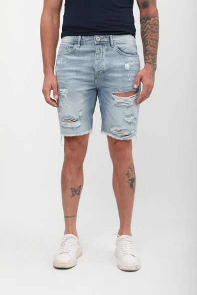 Erkek Paçası Kesik Yırtık Jean Şort Açık Mavi - Resim 5