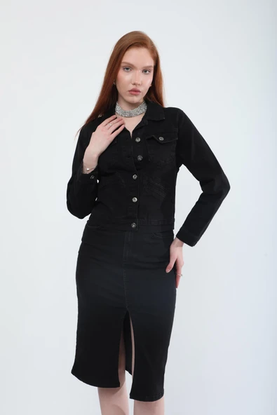 Kadın Cep Detaylı Slim Fit Jean Ceket Siyah - 4