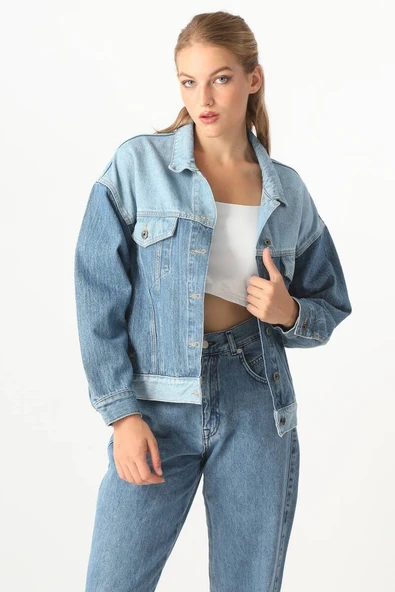 Kadın Renk Bloklu Oversize Jean Ceket Mavi - 2