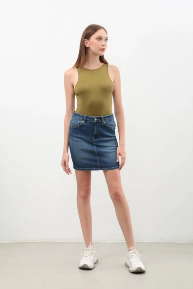 Kadın Koyu Mavi Mini Jean Etek - 3
