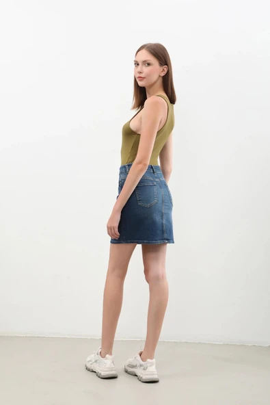 Kadın Koyu Mavi Mini Jean Etek - 5