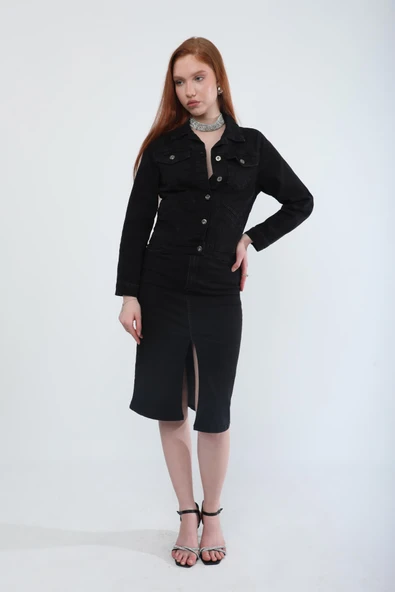 Kadın Cep Detaylı Slim Fit Jean Ceket Siyah - 6