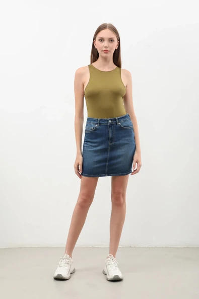 Kadın Koyu Mavi Mini Jean Etek - 4