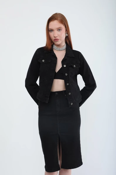 Kadın Cep Detaylı Slim Fit Jean Ceket Siyah - 3