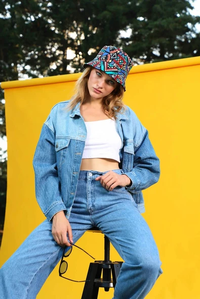 Kadın Renk Bloklu Oversize Jean Ceket Mavi - 2
