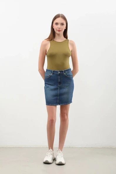 Kadın Koyu Mavi Mini Jean Etek - 2