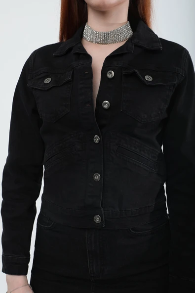 Kadın Cep Detaylı Slim Fit Jean Ceket Siyah - 8
