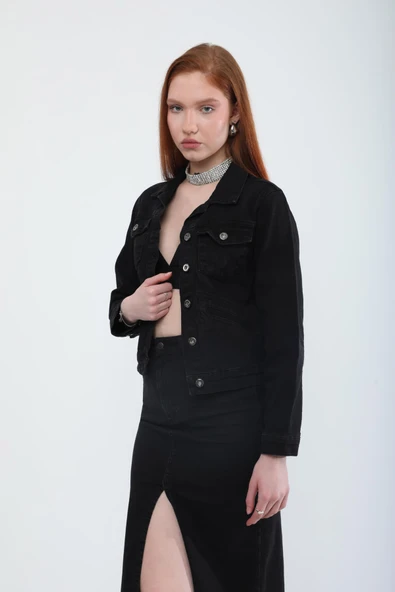 Kadın Cep Detaylı Slim Fit Jean Ceket Siyah
