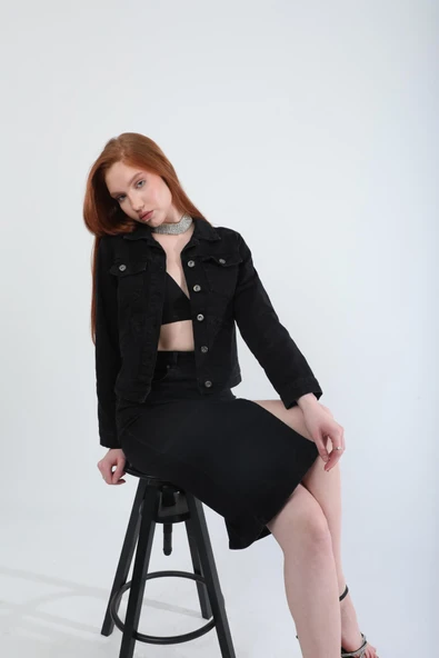 Kadın Cep Detaylı Slim Fit Jean Ceket Siyah - 5