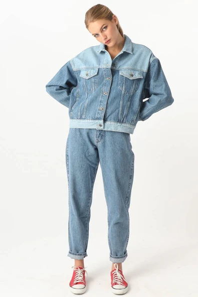 Kadın Renk Bloklu Oversize Jean Ceket Mavi - 6
