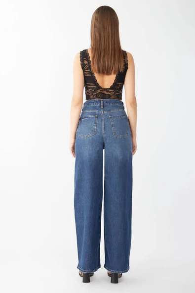 Kadın Koyu Mavi Bol Paça Uzun Jean Pantolon - 2