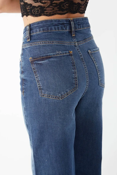 Kadın Koyu Mavi Bol Paça Uzun Jean Pantolon - 3
