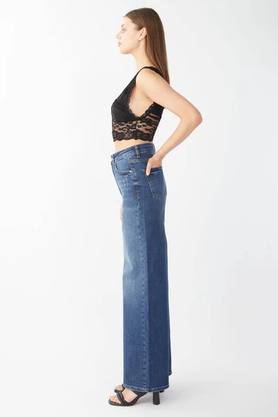 Kadın Koyu Mavi Bol Paça Uzun Jean Pantolon - 4