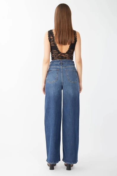 Kadın Koyu Mavi Bol Paça Uzun Jean Pantolon - 2