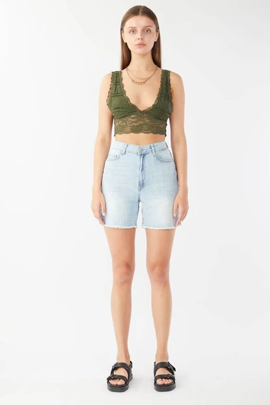 Kadın Paçası Kesik Jean Şort Açık Mavi - 3
