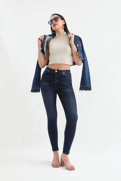 Kadın Koyu Mavi Dar Kesim Jean Pantolon - Resim 2