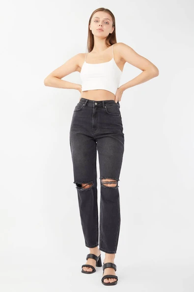 Kadın Dizi Yırtık Jean Pantolon Siyah - 2